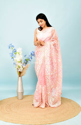 Heavy Chikankari Work On Light Pink Organza Saree